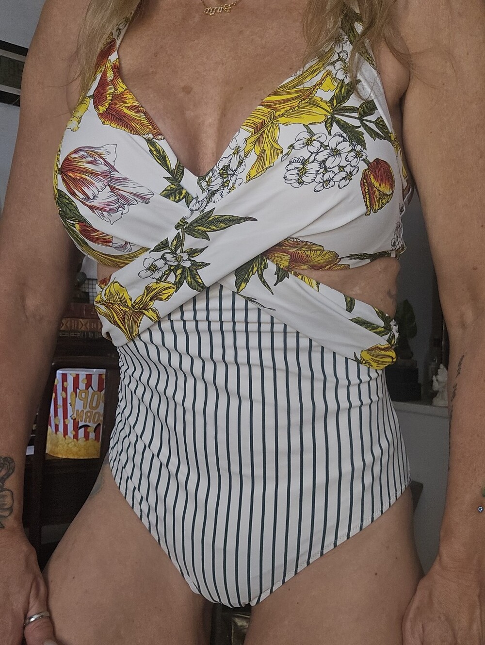 Floral & Stripe Cutout One-Piece Swimsuit - White/Yellow